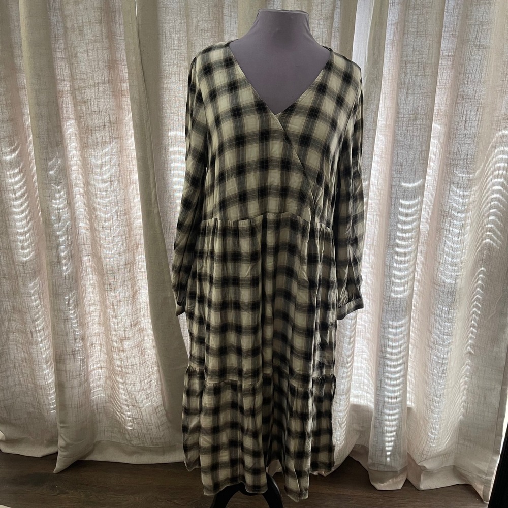 ANA A New Approach Women's XL Black White Plaid Tiered Midi Dress Rayon
